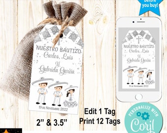 Baptism Thank You Tags, Mexican Theme, Charro, Toddlers, 2 Boy, 1 Girl, Silver, Instant Download from Corjl, 2" x 3.5", Edit with Corjl