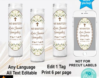 Mi Bautizo Prayer Candle Label, White Roses, (Corjl Instant Download)
