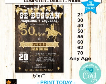 May include: A printable 5x7 inch invitation for a 50th birthday party with a rustic wood background and gold glitter accents. The invitation features a cowboy riding a horse and the text "Se buscan vaqueros y vaqueras" which translates to "We are looking for cowboys and cowgirls".