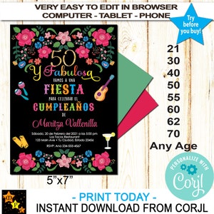 Spaans-Mexicaanse Fiesta verjaardagsuitnodiging, elke leeftijd, INSTANT download van Corjl, BEWERKBAAR in Corjl, DIY, afdrukbaar, 5 x 7 501