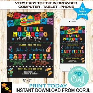 May include: A printable baby shower invitation with a black chalkboard background. The invitation features colorful Mexican-style decorations, a sombrero, and the text "A Little Muchacho is on the way!"  The invitation is 5 inches by 7 inches.
