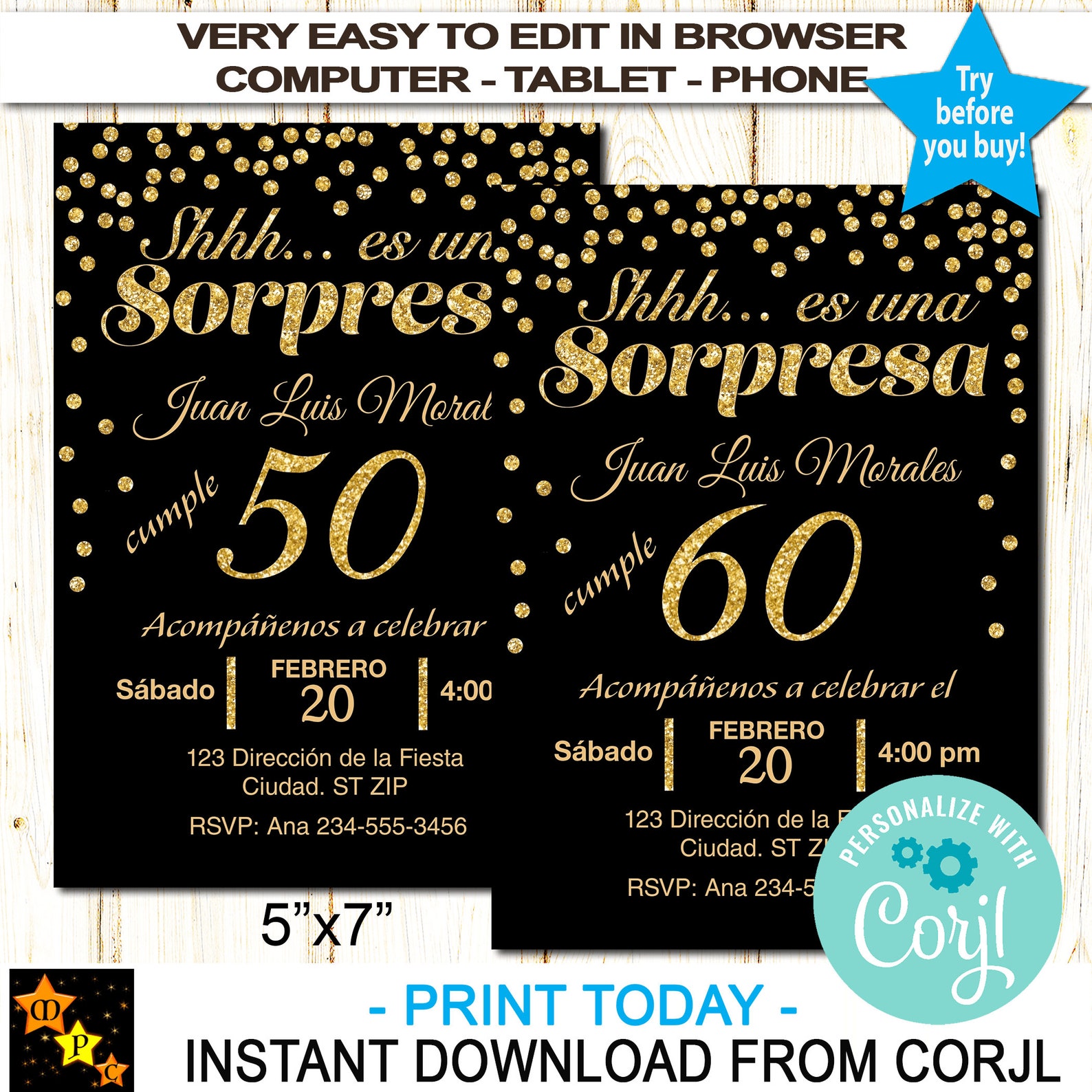 Spanish Birthday Surprise Invitation ALL AGES Black and Gold Etsy Spanish Birthday Surprise Invitation ALL AGES Black and Gold Etsy