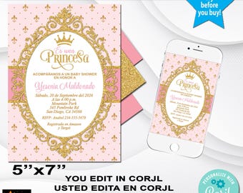 Princess Baby Shower Invitation, Spanish, Girl, Pink and Gold,  Editable in Corjl, Printable, 5x7
