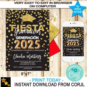 Uitnodiging Spaanse afstudeerfeest, zwart en goud, INSTANT download van Corjl, 2024, afdrukbaar, 5 x 7 inch BEWERKEN in Corjl
