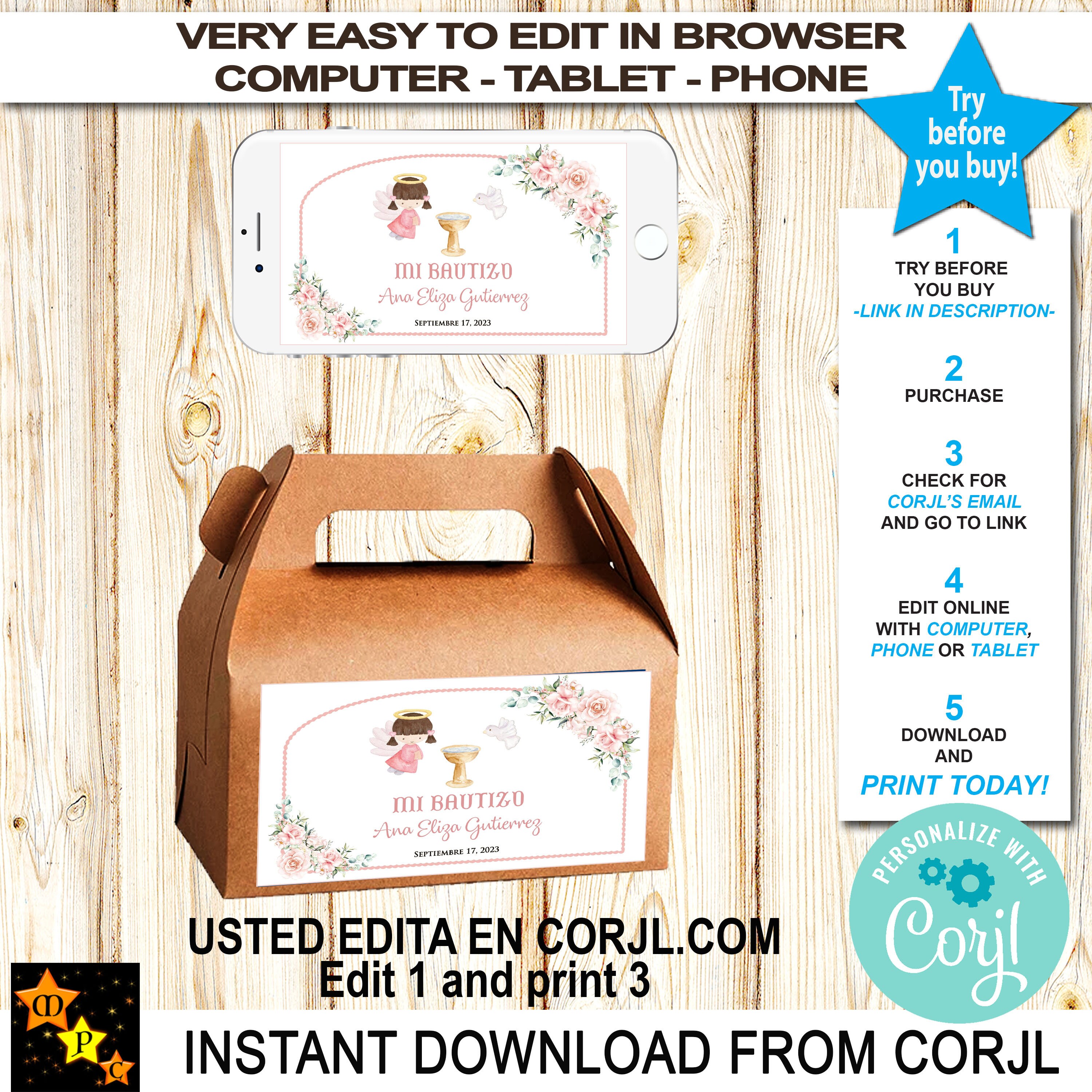 Mi Bautizo Baptism Gift Box Labels, Pink Angel, Angelita, Girl, Gable Box, Edit and Download at Corjl, Printable, 6" x 3.5"