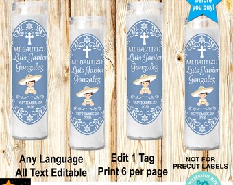 Mi Bautizo Candle Label: Blue White Mexican Theme (Editable, Printable)