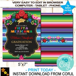 Puede incluir: Una invitación imprimible para una fiesta de graduación Fiesta Mexicana, que mide 12,7 cm por 17,8 cm. La invitación presenta un fondo negro con acentos de purpurina dorada, flores coloridas y el texto "Únete a nosotros para una Fiesta Mexicana para celebrar la graduación de Melissa Standford". La invitación también incluye la fecha, la hora, la ubicación y la información de RSVP. El fondo de la invitación es un patrón de rayas coloridas.