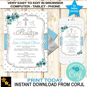 Convite de Batismo e 1º Aniversário Espanhol (Todas as idades), Menino, Delicadas Flores Pastel Azuis, Download Instantâneo, Editar em Corjl, Para Imprimir, BISBF