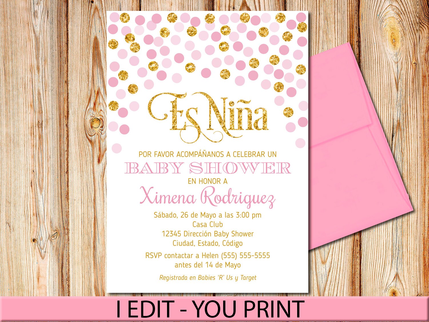 SPANISH Pink and Gold Baby Shower Invitation Girl Baby Etsy