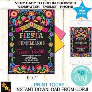 SPANISH Birthday Invitation, Mexican Fiesta Flowers, No Age, Instant Download from Corjl, Edit in Corjl, Printable, 5x7