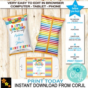 A Little Muchacho, Baby Fiesta Chip Bag, Baby Shower, Bright Colors, Any Age, Instant Download from Corjl,Printable, Edit with Corjl