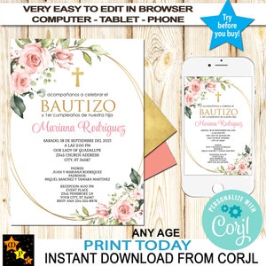 Spanische Taufeinladung, Taufe ersten Geburtstag, blush rosa Blumen, jede Sprache, Instant Download, Bearbeiten in Corjl, Printable, 5 x 7