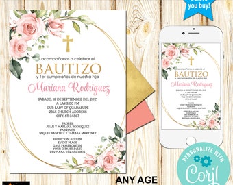 Spanish Baptism Invitation, Baptism First Birthday, Blush Pink Flowers, Any Language, Instant Download, Edit in Corjl, Printable, 5x7