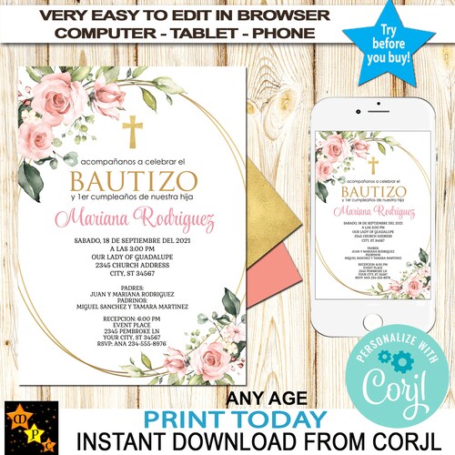 Baptism Invitation in Spanish Printable Girl Invitacion Etsy