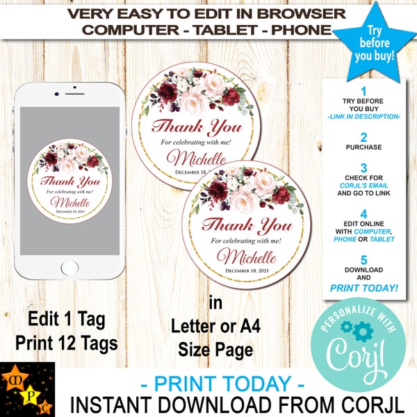 Thank You Tags, Burgundy Roses, White Background, DIY, Instant Download from Corjl,Printable, Round 2", Edit with Corjl