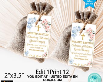 Twins Baptism Gift Thank You Tags, Boy, Girl, Gold Editable, Printable, Corjl