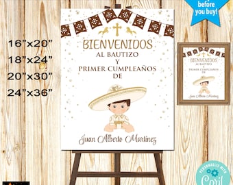 Baptism Welcome Sign, Mexican Style, Papel Picado, Gold Baby Charro, Printable, Editable in Corjl, 4 sizes,