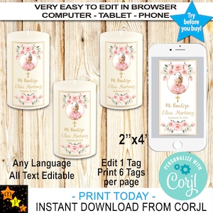Mi Bautizo Taufe Gebetskerze Etiketten, Foto, Blush rosa Rosen, Gold, Mädchen, in Corjl bearbeiten, Sofort-Download von Corjl, Printable