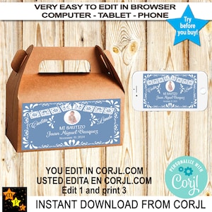Labels doopgeschenkdoos Mexicaans thema, Barro Blue talavera, Cielito Lindo, afdrukbaar, geveldoos, 6 x 3,5 inch, bewerken en downloaden in Corjl