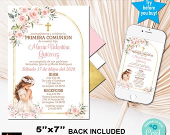 First Communion Invitation Pink Roses Gold Spanish Editable Printable 5x7 (Digital Download)