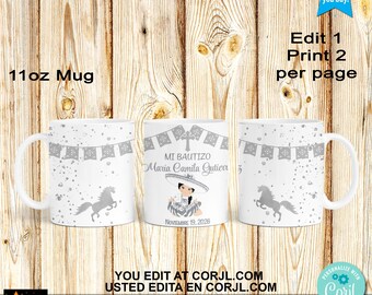 Mi Bautizo Baptism Mug Labels 11oz, Wrapper, Taza, Baby Charro, Silver, Printable, Edit and Download in Corjl