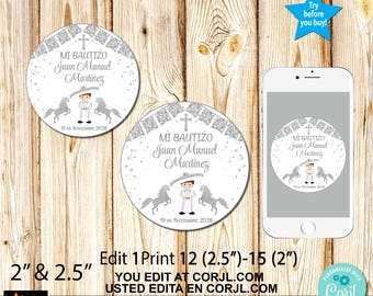 Mi Bautizo Baptism Favor Tags, Toddler Charro, Silver Confetti, Mexican Style, Editable Printable Corjl 2" and 2.5"