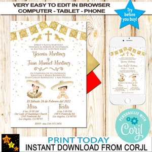 Spanish Baptism Invitation, Niño y Niña, 2 kids, Twins, Hermanos, Siblings, Gemelos, Mexican Theme, Gold Foil, Edit & Download in Corjl 5x7