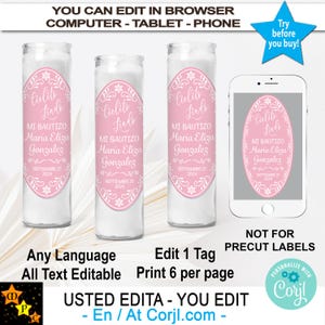 Mi Bautizo Cielito Lindo Baptism Candle Labels, Pink White, Mexican Theme, Printable, Editable, Talavera, Edit and Download in Corjl