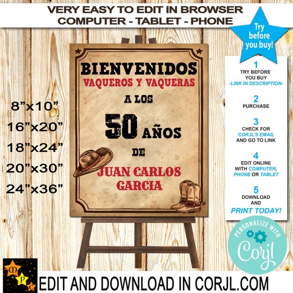 SPANISH Welcome Sign, Any Language, Any Age, Western Cowboy, Instant Download from Corjl, Edit in Corjl, Printable, W101
