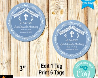 Mi Bautizo Favor Tags, Blue Mexican Talavera Theme 3 inch (Digital Download)