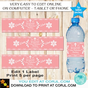 Mi Bautizo bewerkbare waterflesetiketten, Mexicaans thema Barro roze, Cielito Lindo, Bautizo, afdrukbaar, bewerken en downloaden in Corjl