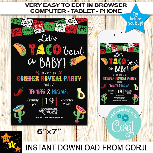 Taco'Bout Gender Reveal, He or She, Mexican Style Gender Reveal, Instant Download from Corjl, Printable, Boy or Girl, Edit in Corjl