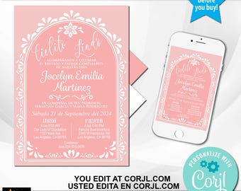May include: Pink and white printable invitation for a baptism and first birthday party. The invitation features a white archway with floral designs and the text "Cielito Lindo" in a cursive font. The invitation includes the name "Jocelyn Emilia Martinez" and details about the event, including the date, time, and location.