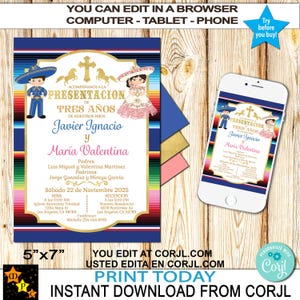 Presentation 3 years Invitation, Boy Girl, Twins, Niño Niña, Gemelos, Hermanos, Blue Pink, Mexican Theme, Edit and Download in Corjl, 5&quot;x7&quot;