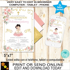 English Presentation 3 years Invitation, Girl, Mexican Theme, Pink Roses, Gold Foil, Instant download, EDIT in Corjl, Printable,5"x7" PR86
