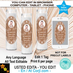 Mi Bautizo Baptism Photo Candle Labels, Barro, Recuerdo, Mexican Theme, Editable, Printable, Cielito Lindo, Edit & Download in Corjl