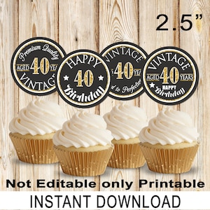 40th Birthday Cupcake Toppers, Aged to Perfection, Vintage, Favor Tags, Instant Download, Printable, 2.5&quot;, ATPG40