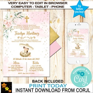 Batismo Espanhol e 1º Aniversário - Qualquer Idade - Convite, Charra, Tema Mexicano, Folha Rosa e Dourada, Download Instantâneo, Editar em Corjl, Faça Você Mesmo, 5x7