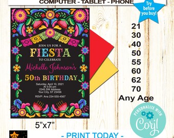 Birthday Invitation, Mexican Fiesta Flowers, Any Age, Instant Download from Corjl, Edit in Corjl, Printable, 5x7 & 4x6