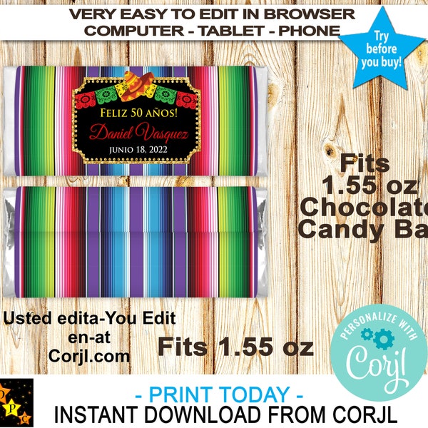 Mexican Theme Chocolate Candy Bar Wrapper, Any Age, All text editable, Fits 1.55oz Candy Bar, Sarape Background, Edit and Download in Corjl