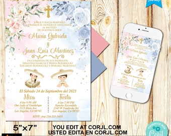 May include: A digital invitation for a twin baptism. The invitation features a watercolor background with pink and blue flowers, a gold cross, and two children dressed in traditional Mexican attire. The text reads "Maria Gabriela and Juan Luis Martinez" and includes the date, time, and location of the baptism.