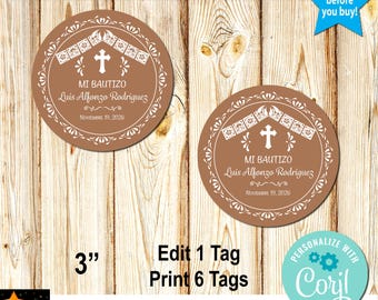 Mi Bautizo Baptism Favor Tags, Barro, Edit and Download in Corjl, 3 inch