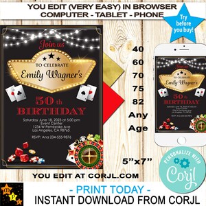 May include: A black and gold casino-themed 50th birthday invitation with a roulette wheel, playing cards, and dice. The invitation says "Join us to celebrate Emily Wagner's 50th Birthday".