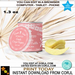 Baptism Potato Can Label, 1,3 oz, 37 gram, Mexicaans thema, Baby Charro, meisje, roze en wit, zelfgemaakt, bewerken en downloaden bij Corjl, blikje en deksel