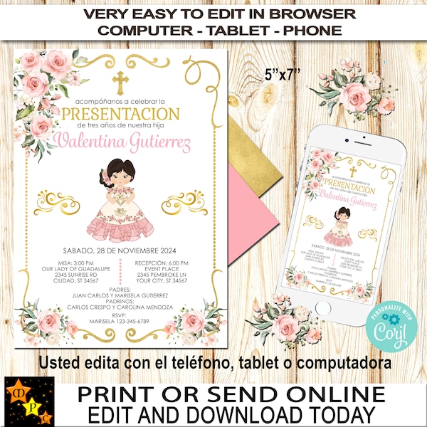 Presentation 3 years Invitation, Girl, Mexican Theme, Pink Roses, Gold Foil, Instant download, EDIT in Corjl, Printable,5"x7" PR85