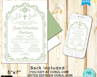 May include: A 5x7 inch printable invitation for a baptism and first birthday party. The invitation features a green and white design with a cross and the text "Cielito Lindo". The invitation includes the name "Juan Sebastian Martinez" and details for the baptism and party.
