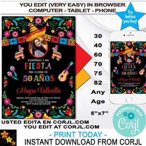Convite de aniversário com foto em espanhol, flores para festa mexicana, qualquer idade, download instantâneo do Corjl, edição no Corjl, para impressão, 5x7