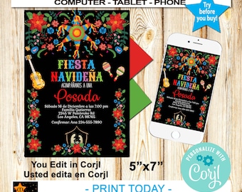 May include: A festive invitation for a Christmas Posada, featuring a colorful design with a guitar, maracas, and a piñata. The invitation is displayed on a black background with red and green accents, and is also shown on a smartphone. The invitation measures 5" x 7".