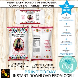 Mexican Graduation with Photo Chip Bag, Bright Mexican Flowers, Instant Download from Corjl,Printable, Edit with Corjl, GMF111