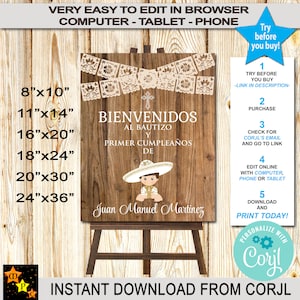 Mi Bautizo-welkomstbord doop, afdrukbaar, Mexicaanse stijl, houten achtergrond, gouden peutercharro, bewerken en downloaden in Corjl, 6 maten